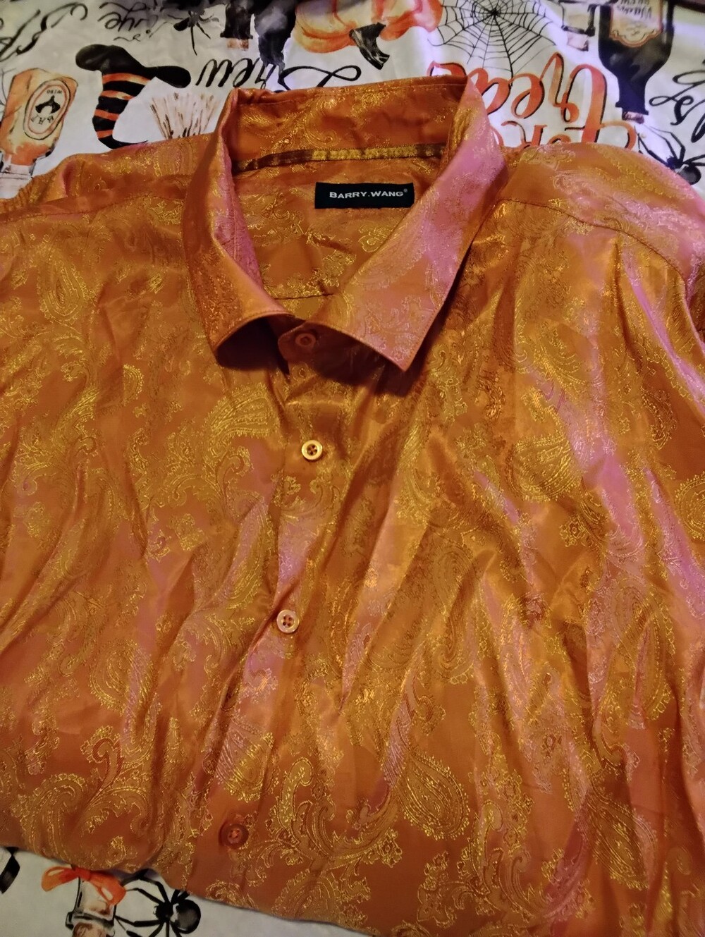 Barry Wang Men's size Large Orange Paisley Button-Front silk blend dress Shirt